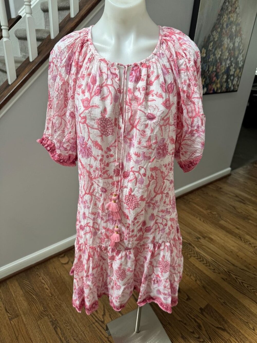 Bell by Alicia Bell Cotton Silk Floral Print Ruffle Boho Dress Pink Medium